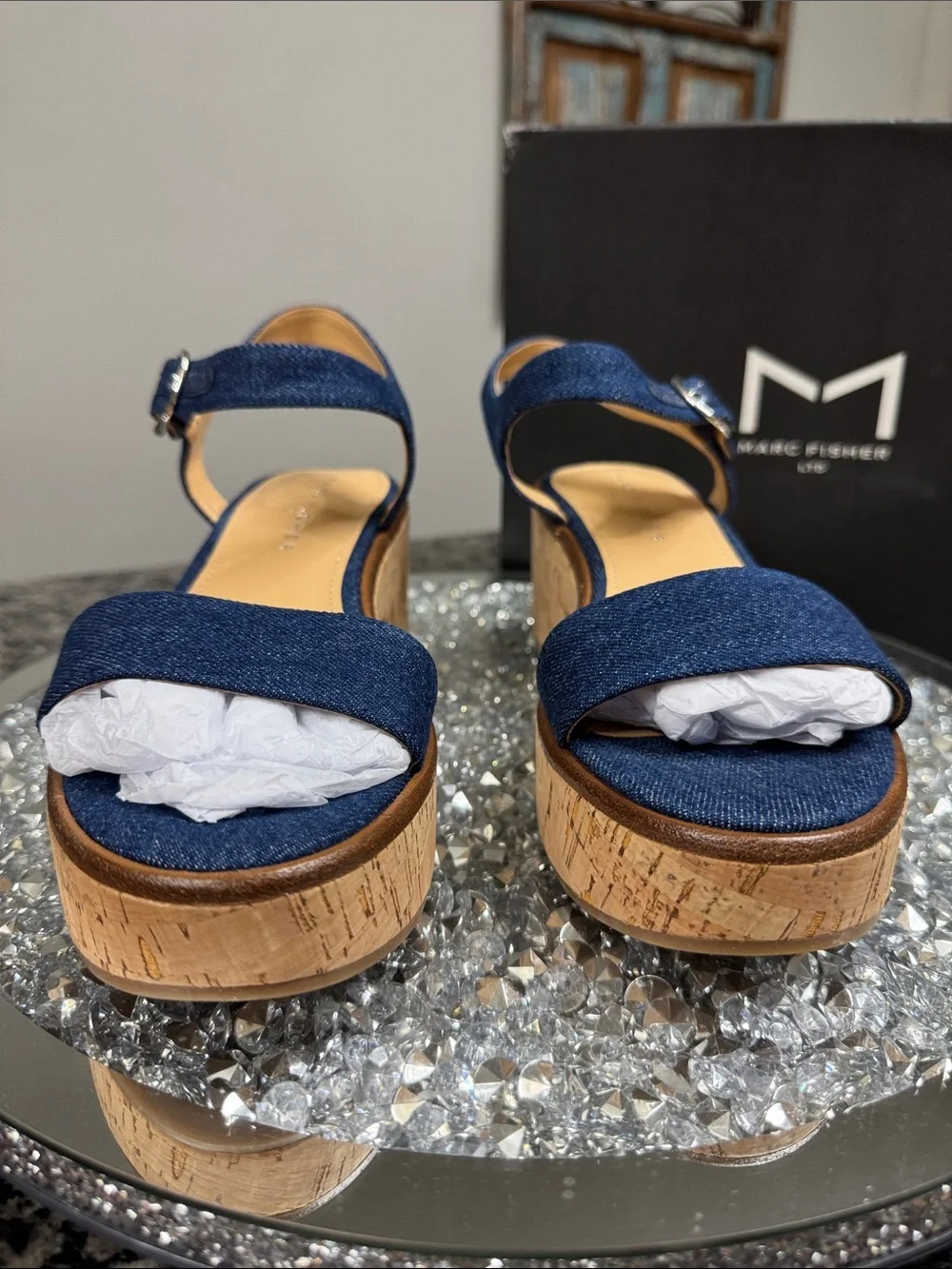 Marc Fisher Quessa Blue Denim Cork Platform Sandal NEW 9